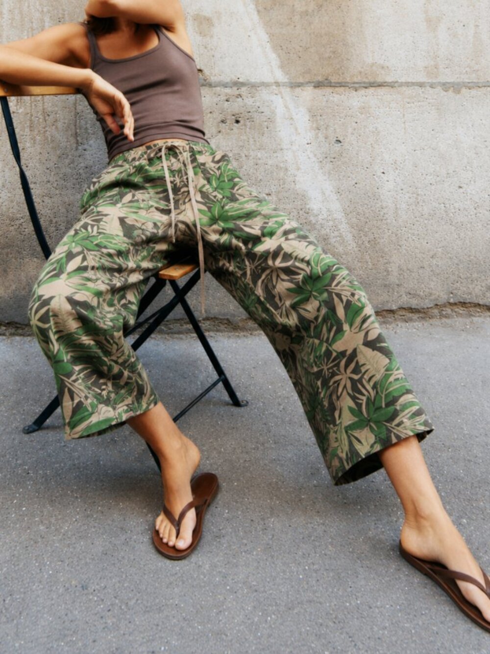 Cotton Tropical Leaf Print Cropped Capri Wide Leg Pants Size 14